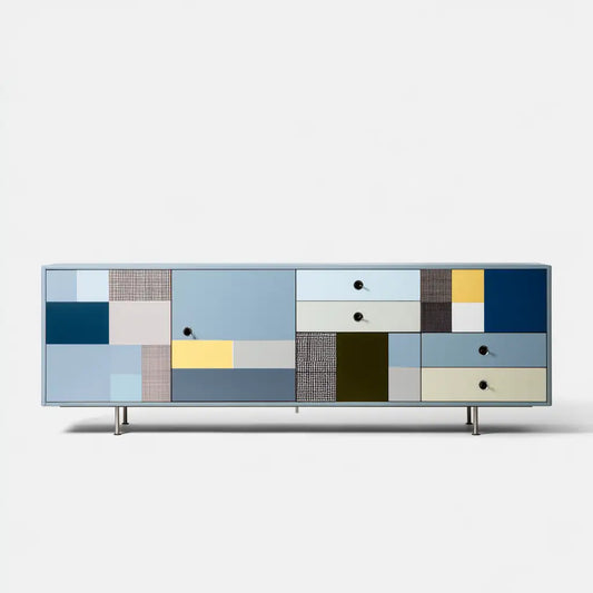 Credenza dalla forma compatta, grigio e azzurro, per la casa